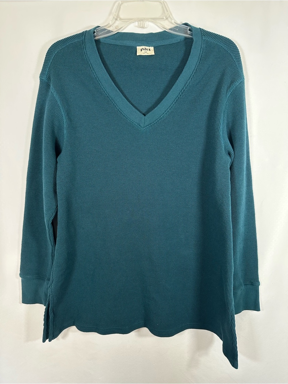 Pact Organic Cotton Waffle Knit V-Neck Thermal Long Sleeve Top Teal Blue L